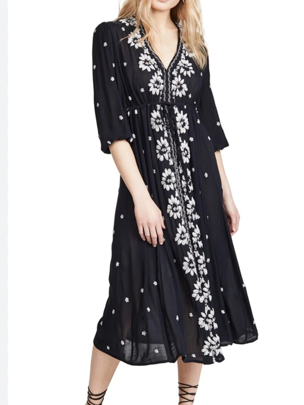 Free People Fable Embroidered V Neck Midi Dress Black White Size M Boho Whimsy